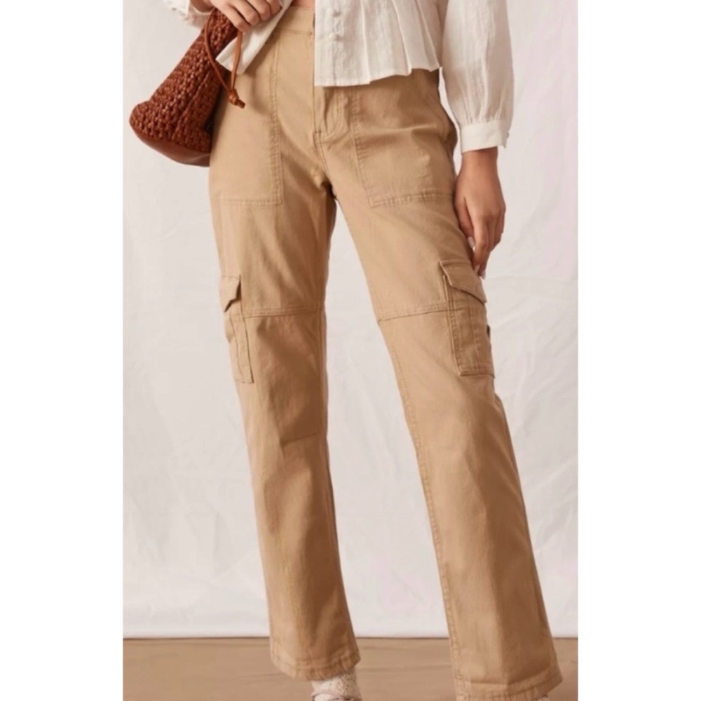 Anthropologie Khaki Metallic Gold Stripe Cargo Canvas Pants Size 8